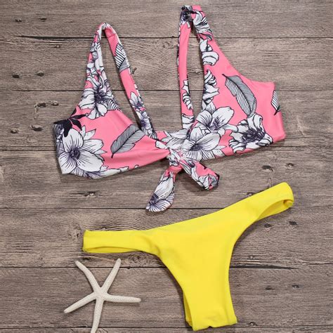 2018 Sexy Foral Printed Knot Tie Front Bikini Top Women Bikinis Set