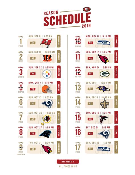 Printable Nfl Schedule All Teams Includes Game Times Tv Listings And