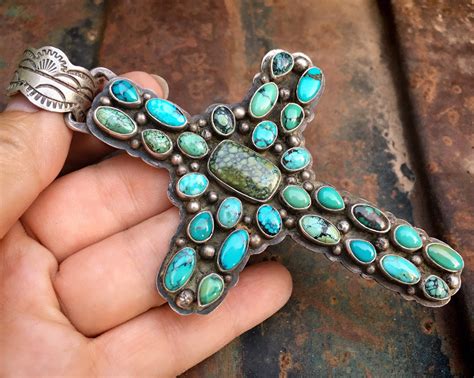 Large Cluster Turquoise Stone Cross Pendant By Navajo Ted Secatero