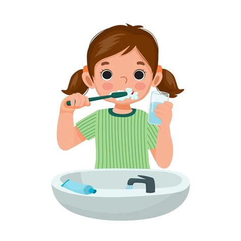 Cute Little Girl Brushing Teeth With Toothpaste Holding A Glass Of