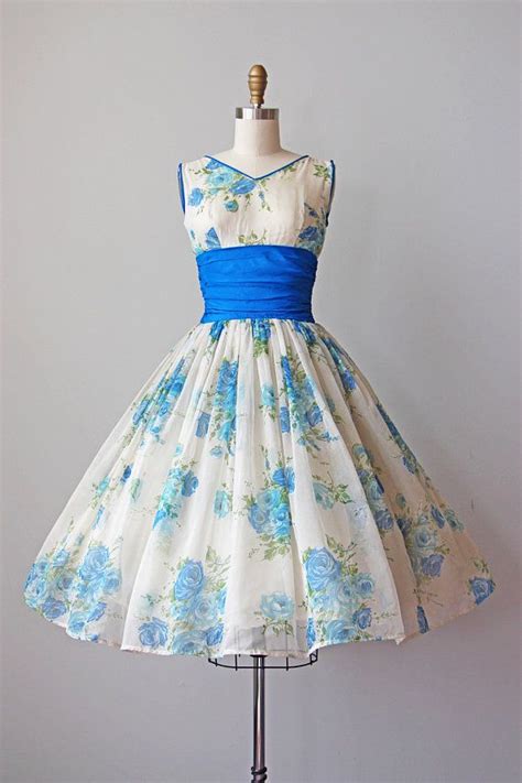 1950s Dress Vintage 50s Dress Stunning Sapphire Blue Rose Print