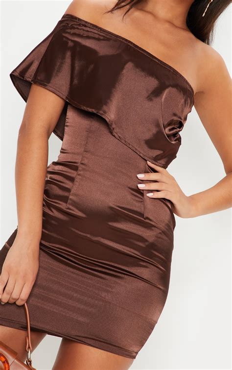Chocolate Brown Satin Bodycon Dress Dresses Prettylittlething Ie