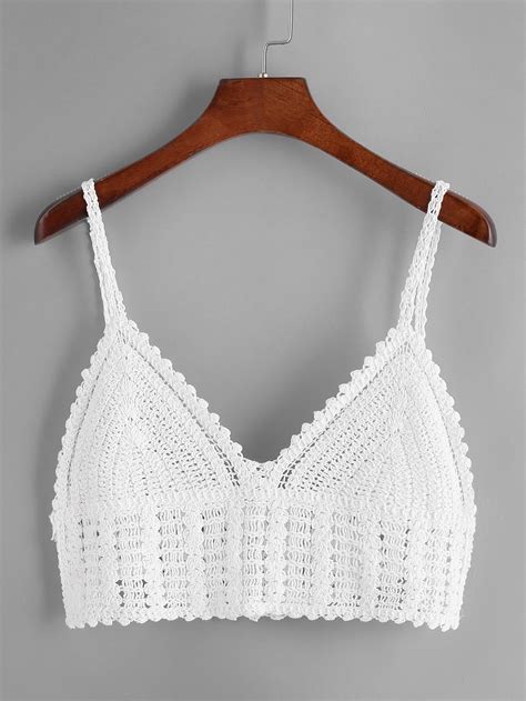 White Crochet Crop Cami Top Sheinsheinside
