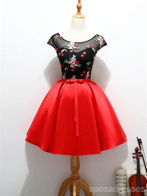 Cap Sleeve Red And Black Cute Homecoming Prom Dresses Affordable Shor