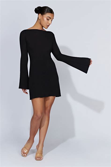 Zahra Long Sleeve Open Back Mini Knit Dress Black Meshki