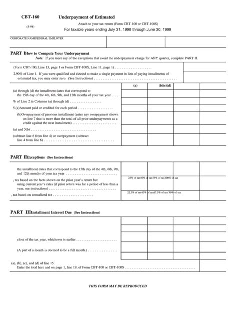 Although the level 1 exam is offered 4 times a year, candidates will only be. Fillable Form Cbt-160 - Underpayment Of Estimated N.j. Corporation Business Tax printable pdf ...