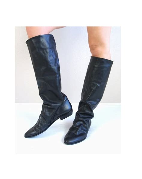 Vtg 80s Tall Black Leather Pirate Slouch Boots By Tigerlilyfrocks