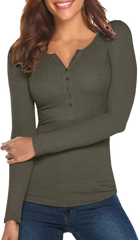 Tobrief Womens Henley Shirts Long Sleeve V Neck Ribbed Button Down