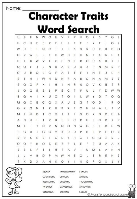 Character Traits Word Search Monster Word Search