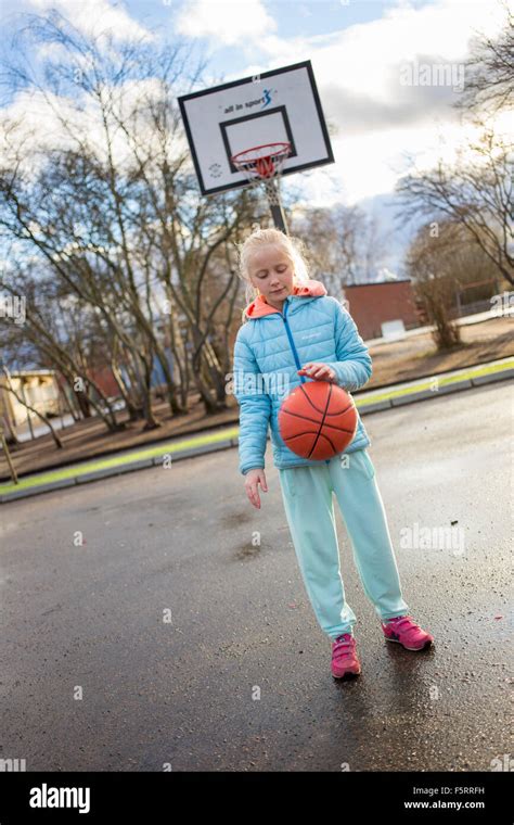 Sweden Vastergotland Lerum Girl 10 11 Playing Basketball Stock