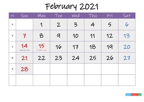 Free February 2021 Printable Calendar With Holidays Template Ink21m134