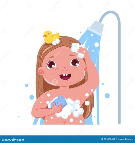 Little Child Girl Character Take A Shower Daily Routine Bathroom