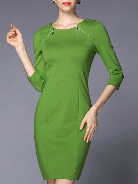 Green Paneled 34 Sleeve Plain Sheath Mini Dress Mini Dress Fashion