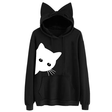 Women Preppy Lovely Cat Printed Hoodie With Cat Ears Long Sleeve Campus