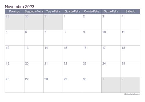Calendário novembro 2023 para imprimir iCalendário br com