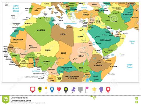 Detailed Political Map Of Northern Africa And The Middle East An Stock