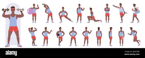 Cartoon Man Fitness Instructor Training Showing Physical Exercises
