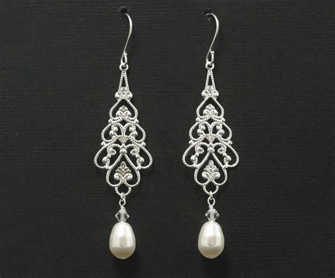 Long Chandelier Earrings Wedding Jewelry Silver Filligree Etsy