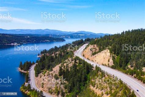 Coeur Dalene Lake And Highway Aerial View Stock Photo Download Image