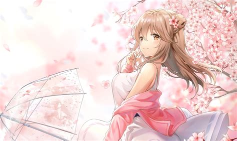 Download 4063x2427 Cute Anime Girl Profile View Sakura Blossom White Dress Umbrella