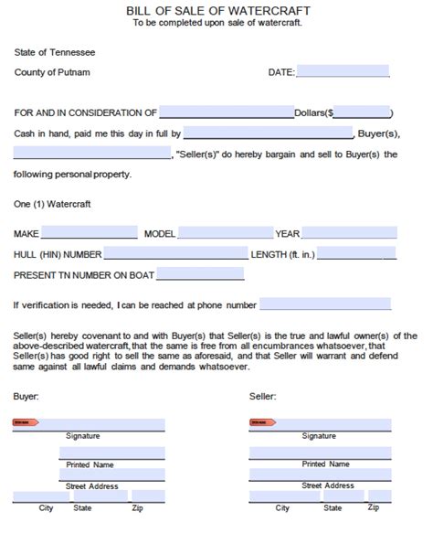 Free Putnam County Tennessee Bill Of Sale Form Pdf Word Doc
