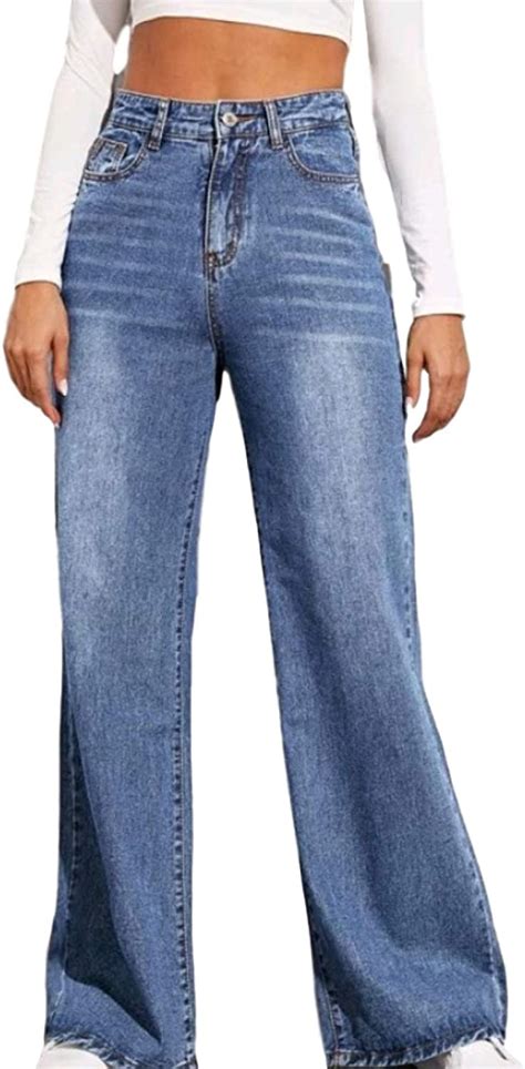 Katenyl Jeans Regular Fit Femme Pantalon All Match Coupe Ample Taille Haute à Jambe Large Et