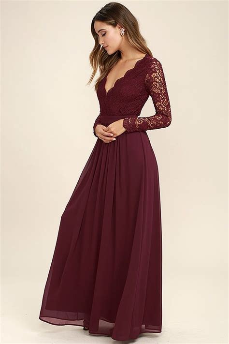 Awaken My Love Burgundy Long Sleeve Lace Maxi Dress Prom Dresses Long