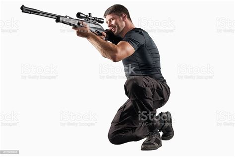 Soldier With Sniper Rifle Aiming Isolated On White Stock Photo