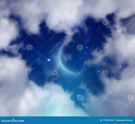 Falling Star And New Moon Heart Shape Clouds Stock Image Image Of