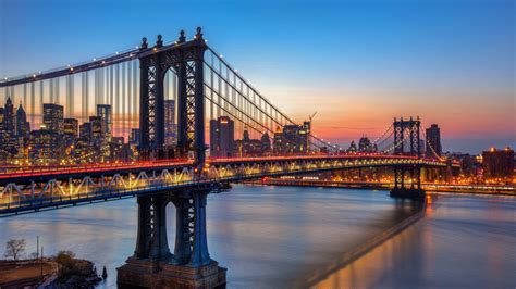 Download 1366x768 Wallpaper Manhattan Bridge Suspension Bridge Sunset