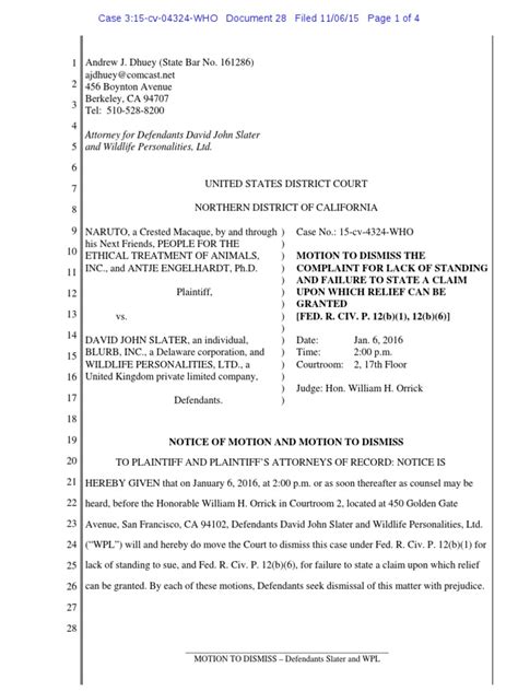 Naruto v David John Slater - Motion to Dismiss | Standing (Law) | Motion In United States Law
