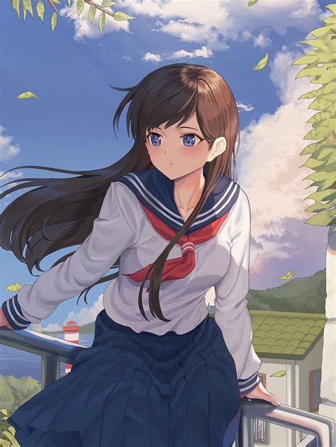 Clouds Brown Hair Pretty Anime School Girl School Uniform Academy
