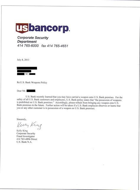 The bank will not comply with your request if the account. Notice to US Bank customers RE: Concealed Carry Policy ...