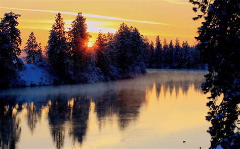 Winter River Trees Sunset Landscape Wallpapers Hd