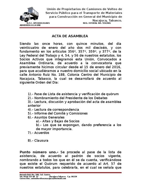 Acta De Asamblea Ordinaria 24 01 2016 1 Euro Gobierno