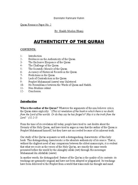 Authenticity Of The Quran Pdf Quran Islam