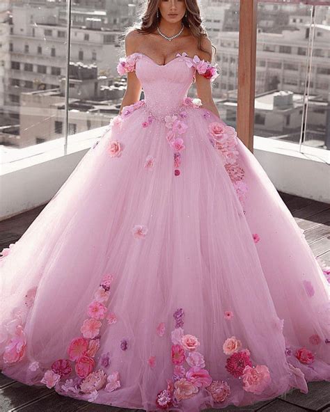 Blush Pink Wedding Dress Floral Flowers Ball Gown Off Shoulder Lisposa