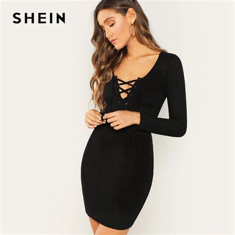 shein black sexy going out lace up ribbed knit bodycon scoop neck bodycon long sleeve dress 2018