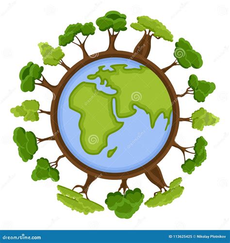 Ecology Concept With Green Eco Earth And Trees Cartoon Earth Planet
