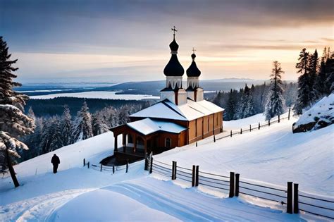 Premium Ai Image A Small Church In The Snow With A Snowy Mountain In