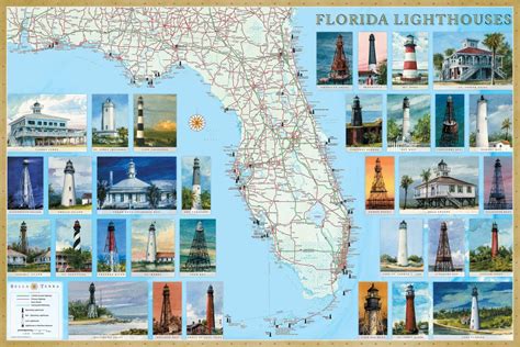 Buy Map Florida Lighthouses Map Laminated Poster By Bella Terra