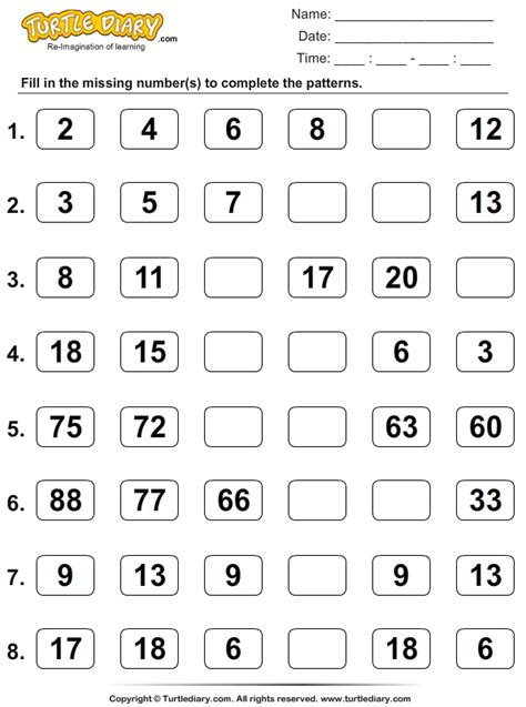 The Missing Numbers To Complete The Patterns Worksheet