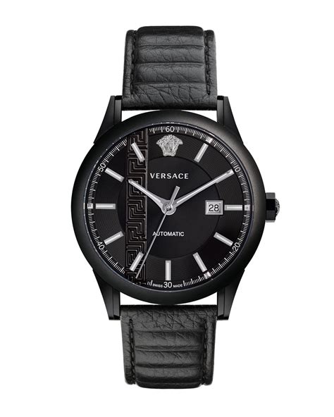 Versace Mens 44mm Aiakos Automatic Watch W Leather Strap Black