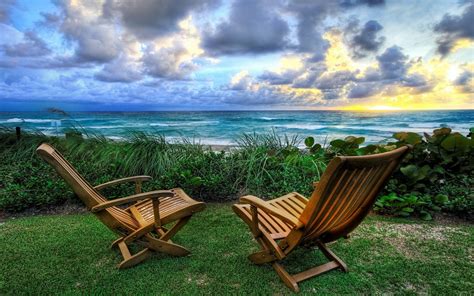 Nature Landscape Chair Beach Lawns Garden Sunset Sea Clouds
