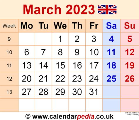 Calendar March 2023 Uk With Excel Word And Pdf Templates