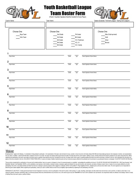 Basketball Roster Form Fill Online Printable Fillable