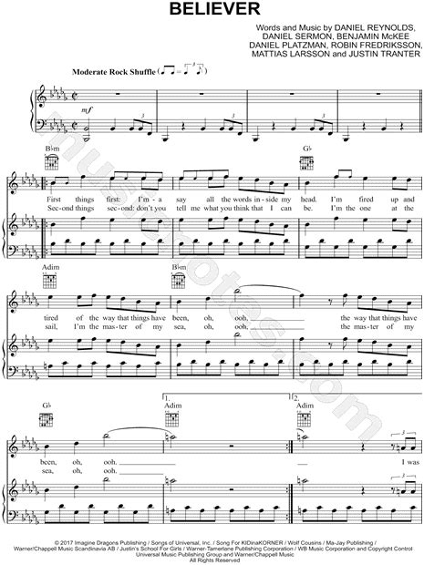 Imagine Dragons Believer Sheet Music In Bb Minor Transposable