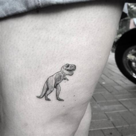 6 sheets coktak dino roar! Cute micro T-Rex tattoo on the thigh.
