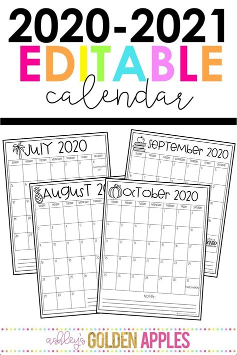 Calendars are available in pdf and microsoft word formats. Editable Calendar 2020-2021 in 2020 | Editable calendar ...