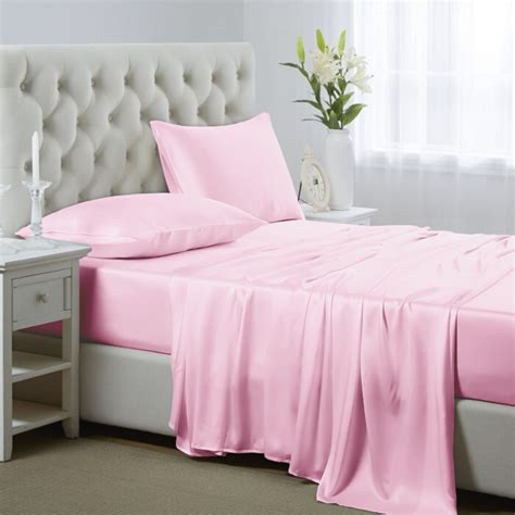 Luxury Satin Sheets Set Queen Size Pink 4 Piece Bedding Sets With Deep